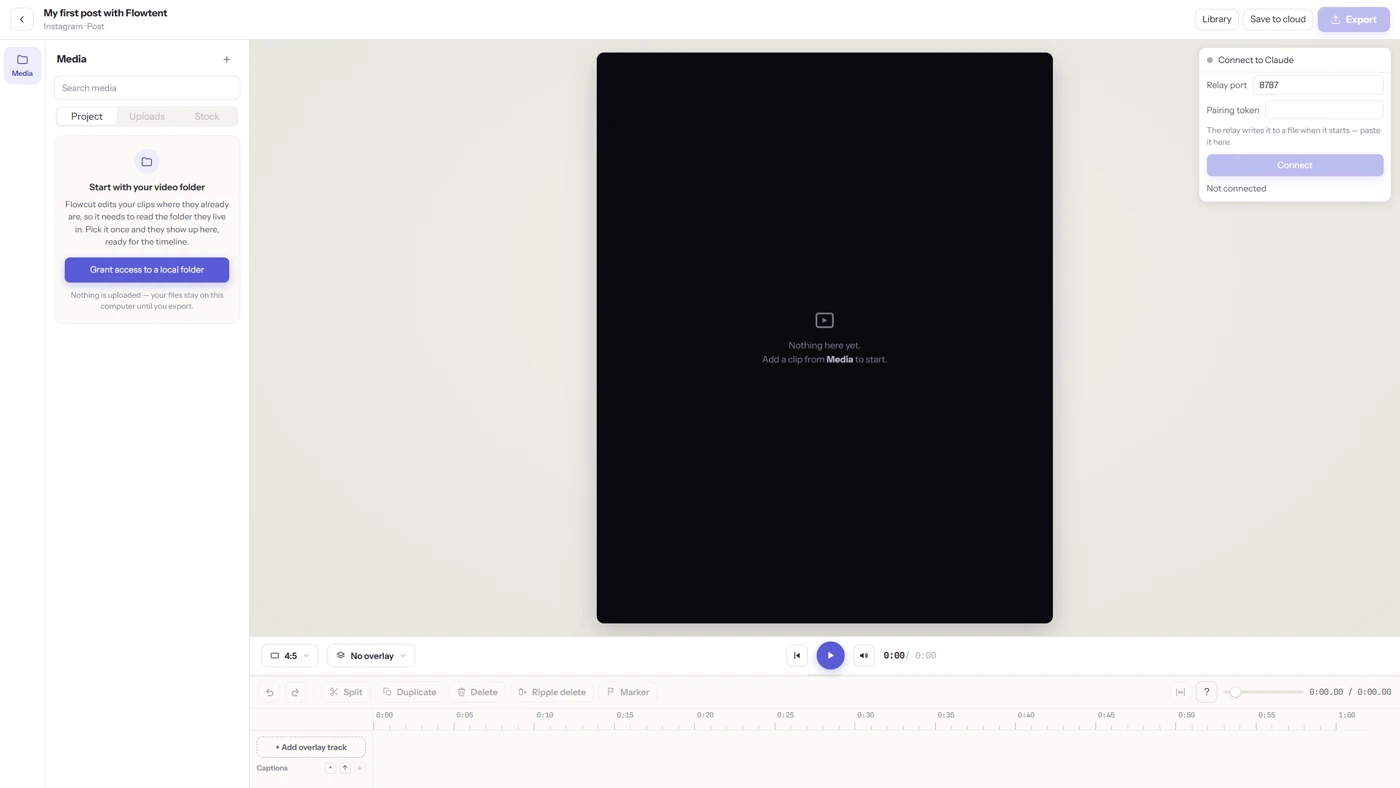 Flowtent Studio video editor: a Media panel with local folder access, a 4:5 Instagram post preview and a timeline with editing tools
